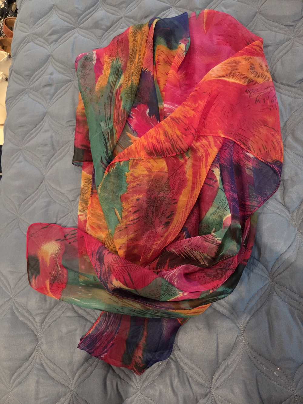 Colorful Abstract Feather Print Sheer Silk Scarf - Fuchsia, Orange & Green